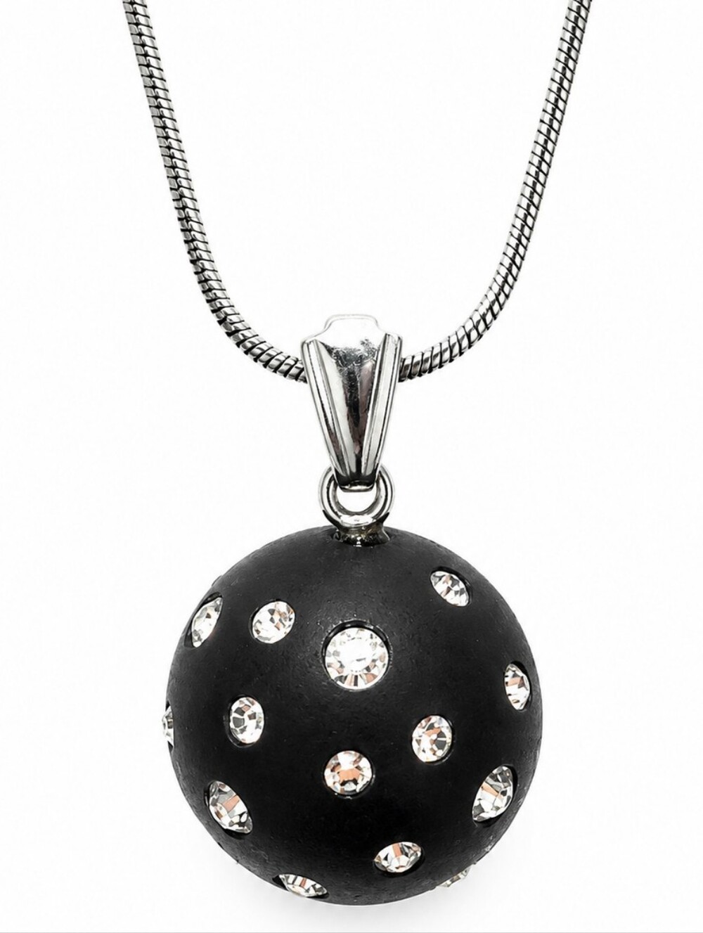 Vintage 925 Sterling Silver Italy Snake Chain Necklace Blk Rhinestone Orb 24"